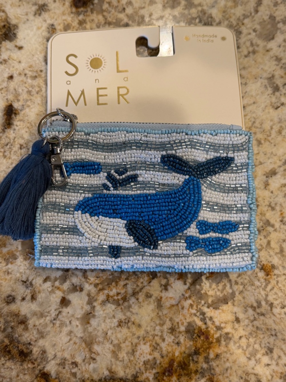 SOL and MER Handmade Beaded Whale Coin pouch with Tassel and clip